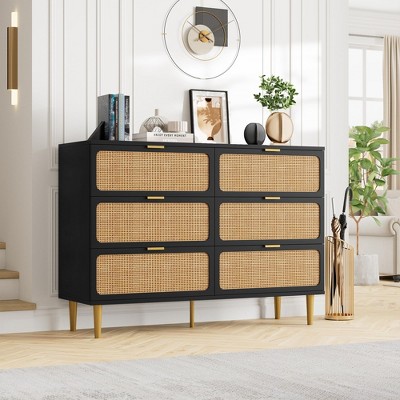 6-Drawer Rattan Dresser - Large Double Wide Wooden Chest with Deep Storage, Finish for Bedroom, Living Room, Nursery & Hallway Organization