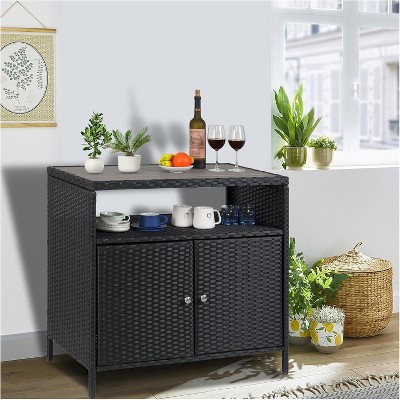 Versatile Outdoor Wicker Storage Cabinet with Shelf & Weather-Resistant Patio Bar Table, Convenient Access