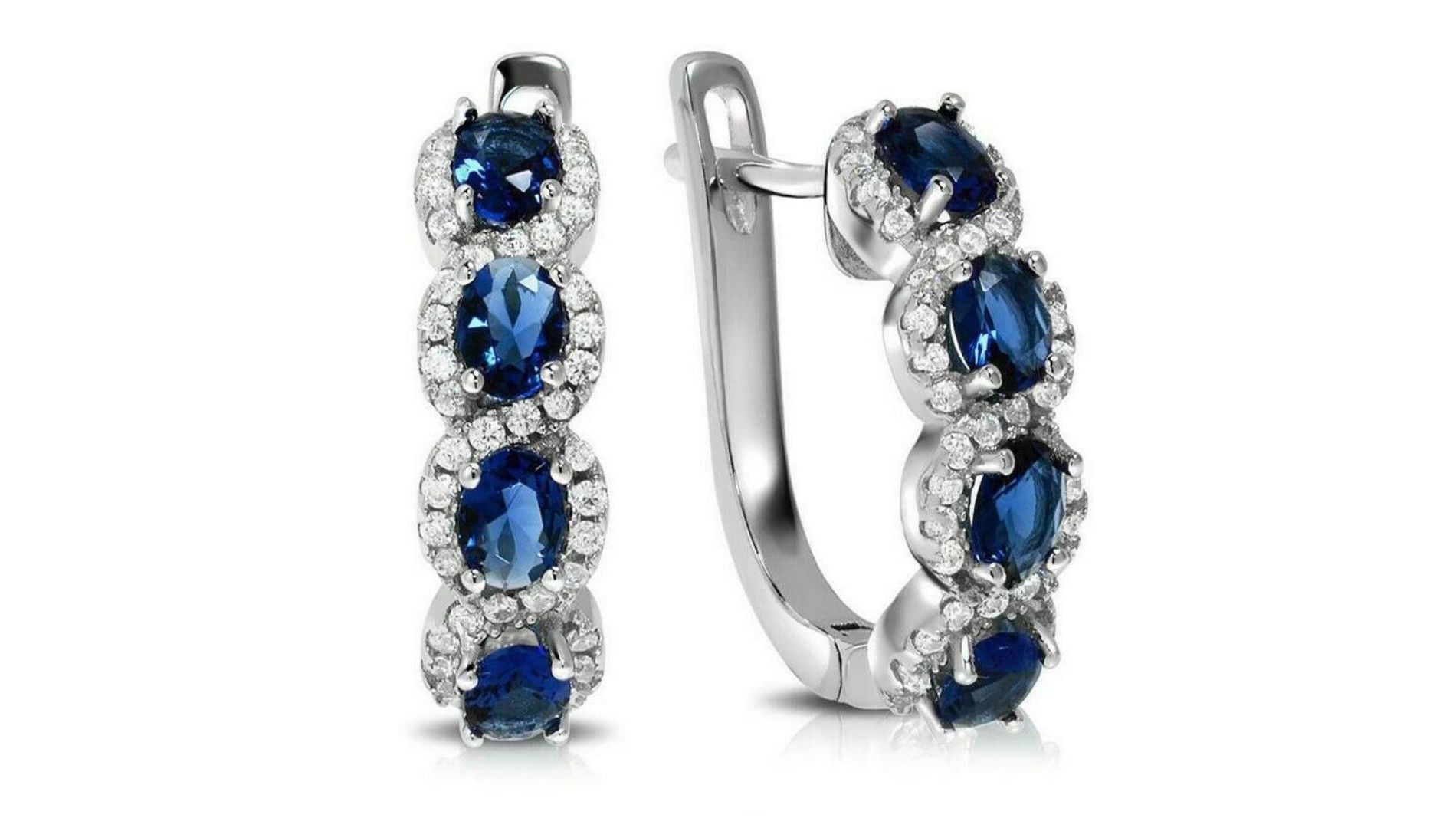 Amy and Annette 18K White Gold Blue & White Sapphire Halo Huggie Earrings