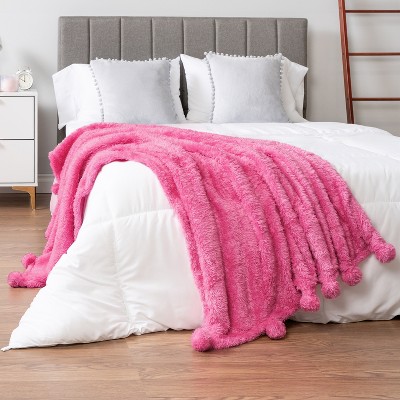 Hot Pink Twin Sherpa Fleece Blanket with Pom Poms