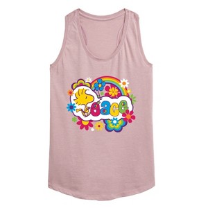 Women's - Peanuts - Peace Floral & Colorful Woodstock Graphic Racerback Tank - 1 of 4