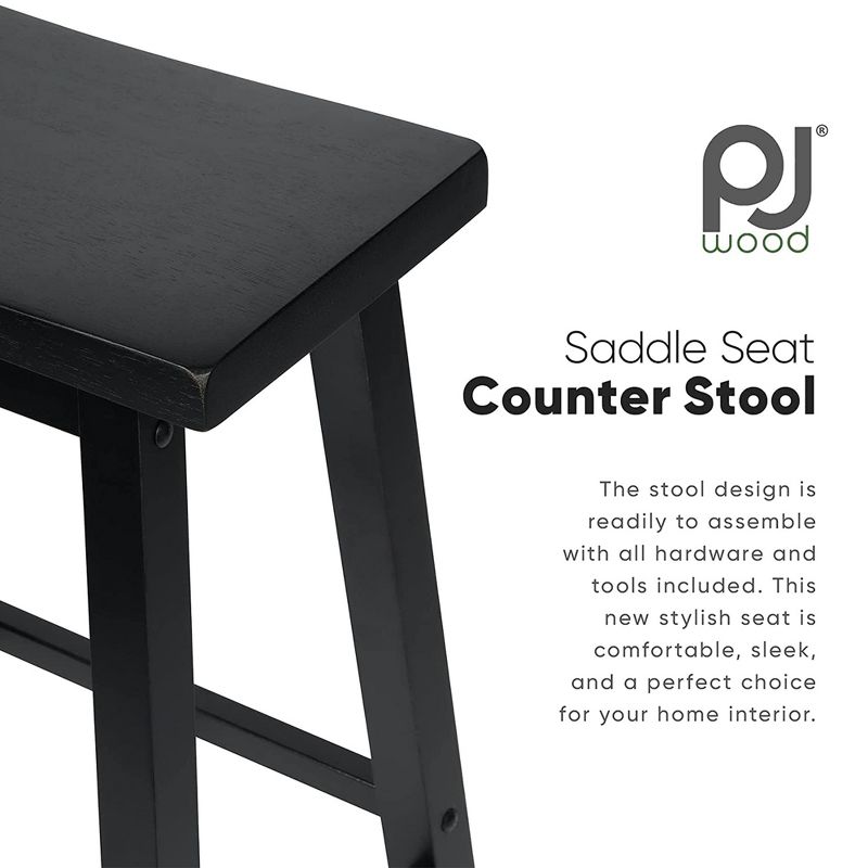 PJ Wood Classic Saddle-Seat 29 Inch Tall Kitchen Counter Stools for Homes, Dining Spaces, and Bars w/ Backless Seats, 4 Square Legs, Black, Set of 2, 3 of 7