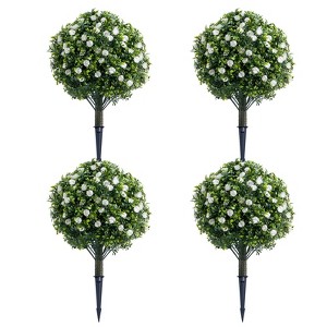 23.6" Artificial Rose Topiary Ball Trees with Ground Spike, UV Resistant Greenery Shrubs with Flowers, Fake Plants with Metal Stakes - 1 of 4