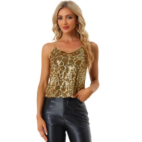 Allegra K Women's Sequined Shining Club Party Sparkle Cami Top Leopard Gold  X-Large