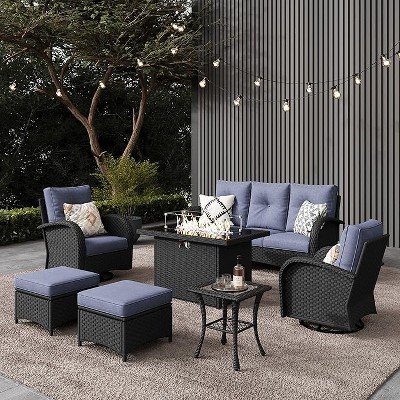 LayinSun Outdoor Patio Furniture Set, Black Rattan Wicker Sectional Swivel Rocker Chairs Sets