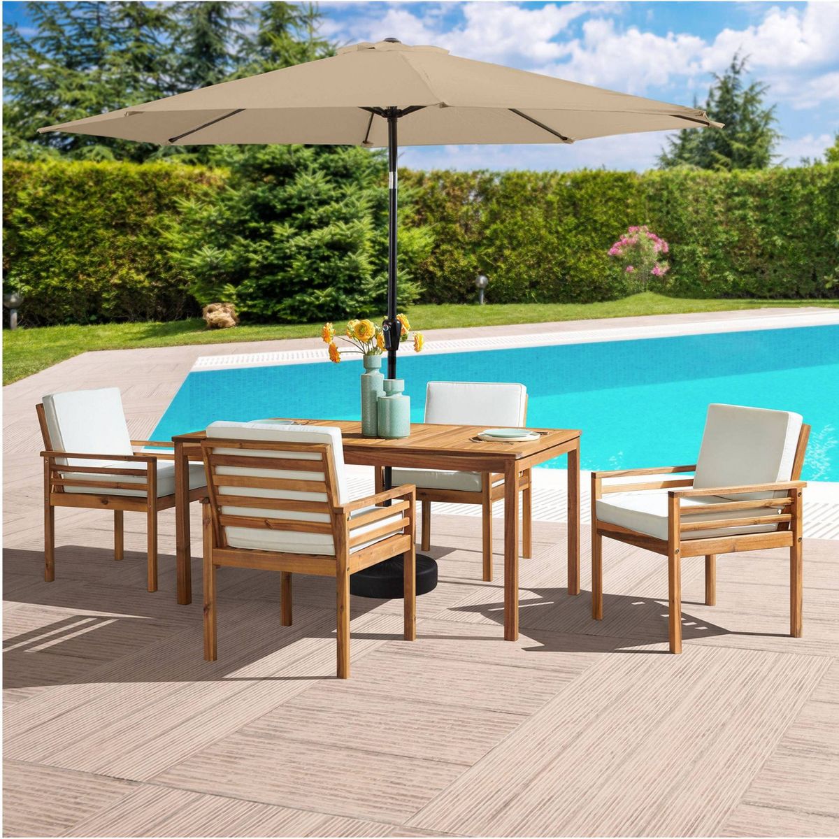 Alaterre Furniture 6pc Outdoor Patio Dining Set, Okemo Table with 10' Auto Tilt Umbrella - thumbnail 2