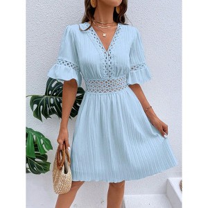 Coolmee Women's Summer Midi Dress Hollow Out Lace V Neck Ruffle Short  Sleeve A Line Pleated Short Dresses L Light Blue : Target