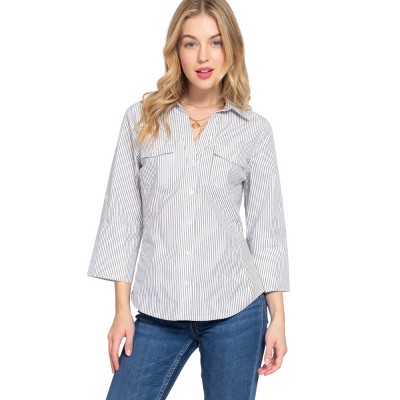 Slickblue Women's Long Sleeve Yarn Dyed Stripe Shirt, Button-Up Style, Side Knit Panels, White/Olive, Size S-L
