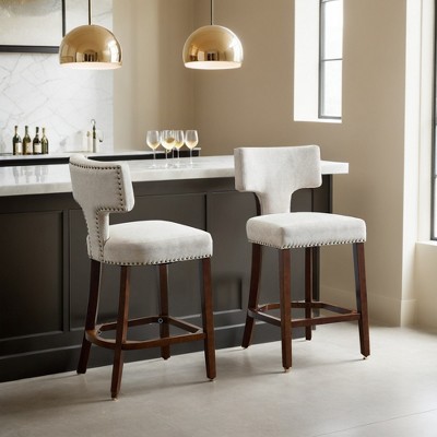Counter Height Bar Stools Set of 2, Farmhouse Linen Fabric Upholstered Accent Chair Curved Backrest with Copper Nails around - Leovsnove