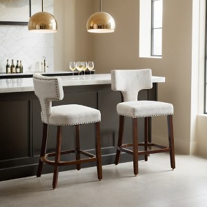 Counter Height Bar Stools Set of 2, Farmhouse Linen Fabric Upholstered Accent Chair Curved Backrest with Copper Nails around - Leovsnove - 1 of 4