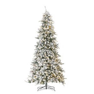 Nearly Natural 11-ft Flocked Livingston Fir Artificial Christmas Tree with Pine Cones, 950 Clear Warm LED Lights and 3016 Bendable Branches - 1 of 3