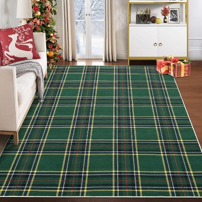 8x10 Christmas Buffalo Plaid Area Rug, Machine Washable, Non-Slip, Stain-Resistant, Holiday Gingham Floor Cover Accent Rug, Green