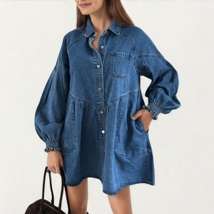 Anna-Kaci Women’s Button Front Denim Shirt Dress with Soft Woven Fabric Balloon Sleeves Front Patch Pockets - 1 of 4