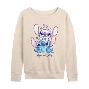 Women's - Disney - Angel And Stitch Lightweight French Terry Wide Neck Long Sleeve Graphic Shirt - 1 of 4