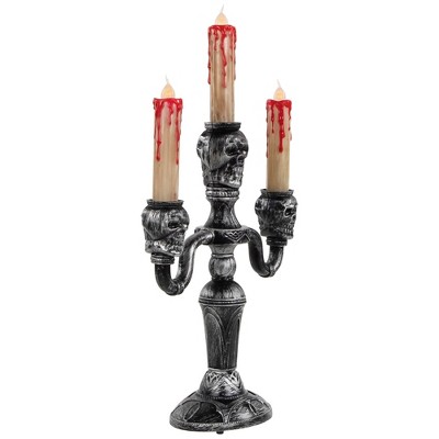 Antique Silver Skull Trio Halloween Candelabra with Dripping Blood LED Candles