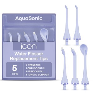 AquaSonic Icon Water Flosser Replacement Tips – 5 Tips, Standard, Periodontal, Orthodontic & Tongue Scraper - Genuine, Authentic Part - 1 of 4