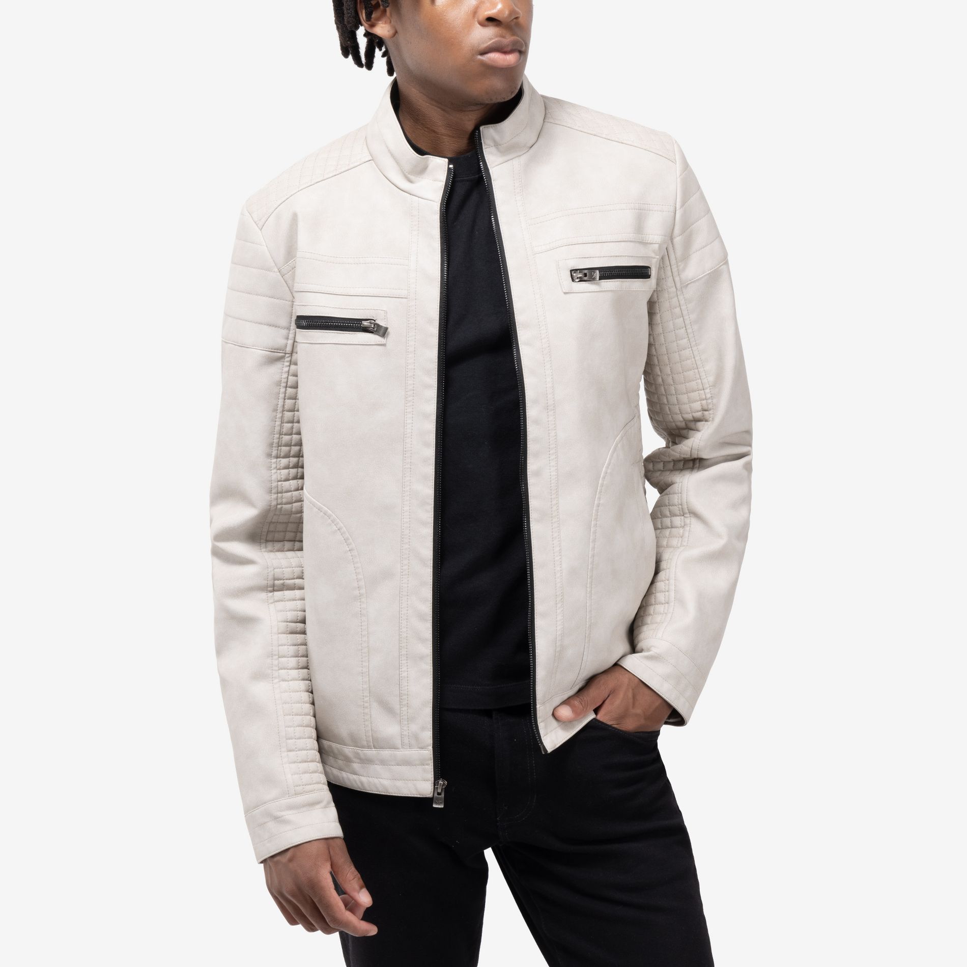 X RAY Men's PU Leather Jacket With Hood And Faux Shearling Lining in STONE Size L