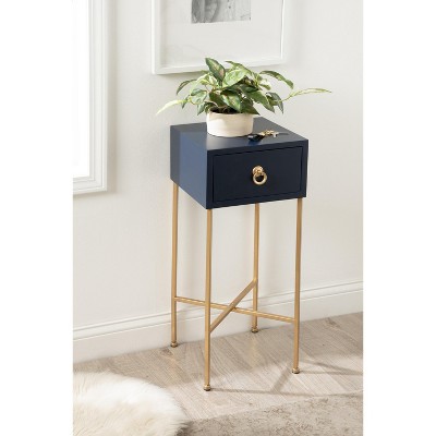 Navy Blue and Gold Rectangular Tea Table with Storage Drawer
