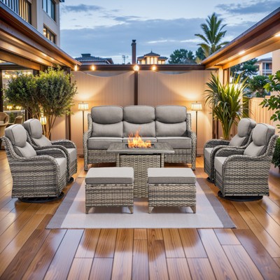 Buenhomino Patio Furniture Set with Fire Pit, Outdoor Wicker Furniture, 8 Pieces Deep Seat Rattan Conversation Sofa Sets with 6-inch Thicked Cushions