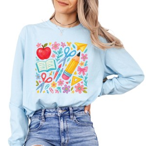 Watercolor Teacher Apple Collage - Womens Garment Dyed Long Sleeve - 1 of 3