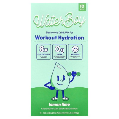 Waterboy Workout Hydration, Electrolyte Drink Mix, Lemon Lime, 10 Stick Packs, 0.22 oz (6.2 g) Each
