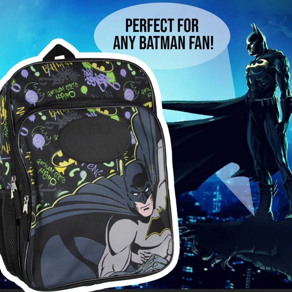 Mochila escolar DC Comics Batman Gotham City con símbolo de murciélago de goma, negra 6