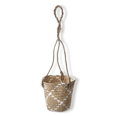 TAG Seagrass Diamond Pattern Hanging Planter White. 7.0L x 7.0W x 6.75H, Holds up to 6inch drop in pot