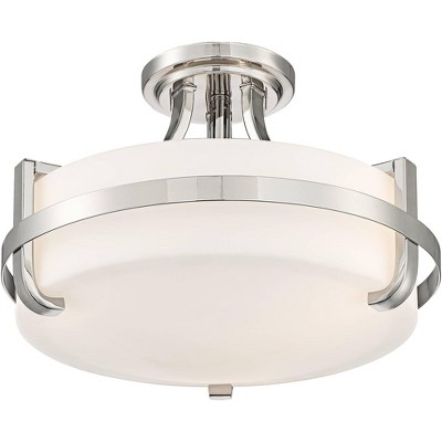 Possini Euro Design Modern Ceiling Light Semi Flush Mount Fixture Polished Nickel 14" Wide Opal Glass Shade House Bedroom Kitchen