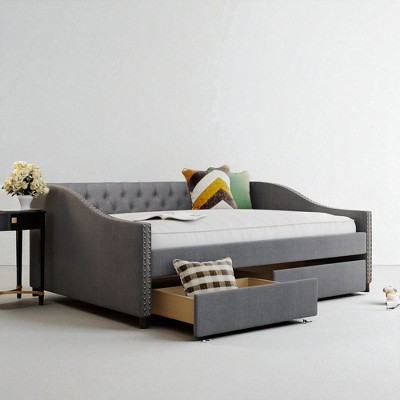 Full Size Upholstered Daybed with Storage Drawers, Tufted Linen Fabric Sofa Bed Frame with Slats, No Box Spring Needed