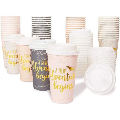 Sparkle and Bash 48-Pack Insulated Coffee Cups with Lids Disposable, Gold Foil Print, New Adventure Themed (16 oz)