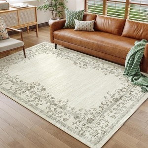 Washable Modern Floral Rug - Stain Resistant Indoor Carpet with Non-Slip Backing Low Pile Floor Cover for Living Room Bedroom Office Dining Room - 1 of 4