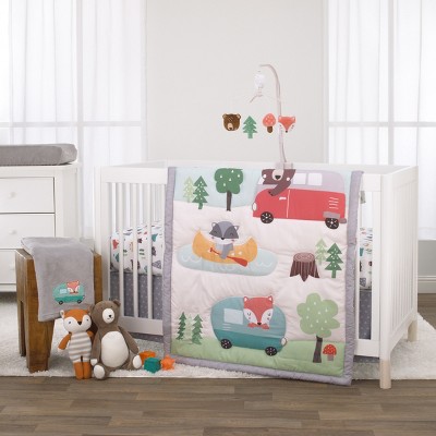 Little Love by NoJo Retro Happy Camper Green, Aqua and Grey 3 Piece Nursery Crib Bedding Set - Comforter, Fitted Crib Sheet and Dust Ruffle