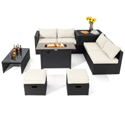 Tangkula 9 PCS Outdoor PE Rattan Wicker Sectional Sofa with 42" 60,000 BTU Gas Fire Pit Table Space-Saving Conversation Set with Storage Box Black/Grey/Navy Blue/Red/Turquoise/Off White