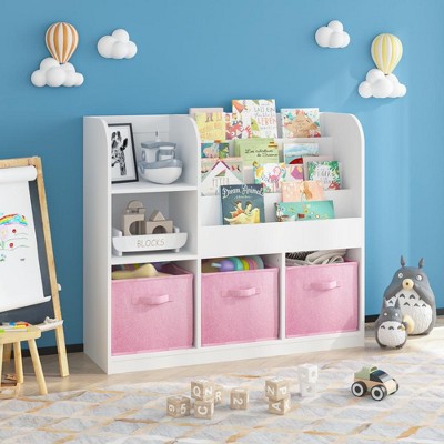 SKRAN Kids Bookcase and Bookshelf,Multi-Functional Bookcase with 3 Collapsible Fabric Drawers,Toy Storage Organizer for Bedroom, Playroom