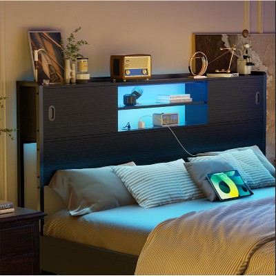 Aheaplus King Headboard with Storage Cabinet, Headboard with Sliding Doors, Charging Station