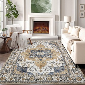 Vintage Medallion Washable Throw Rug, Non-Slip, Non-Shedding Soft Low Pile Carpet, Foldable Indoor Floor Cover for Living Room, Dining Room. - 1 of 4
