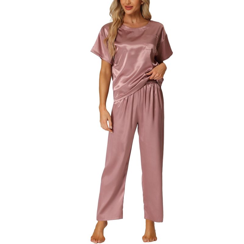 cheibear Women's Satin Summer Short Sleeves Sleepshirt with Pants Lounge Pajamas Sets, 1 of 6