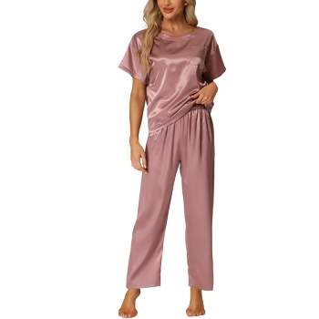 cheibear Women's Satin Summer Short Sleeves Sleepshirt with Pants Lounge Pajamas Sets