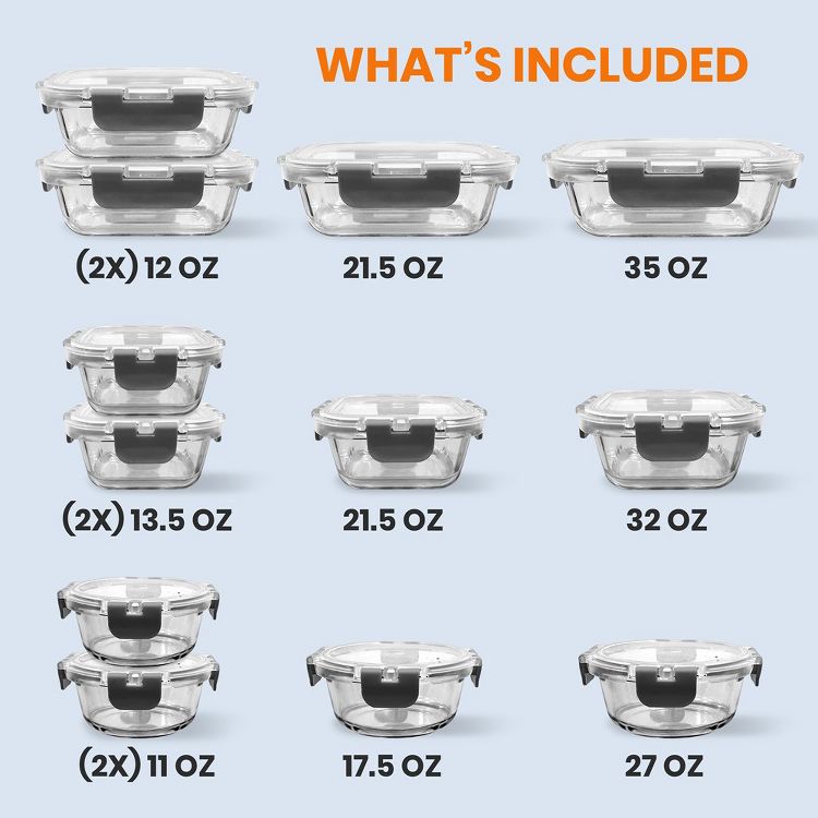 NutriChef 24-Piece High Borosilicate Glass Food Storage Containers Set with Airtight Locking Lids - Gray, 2 of 7