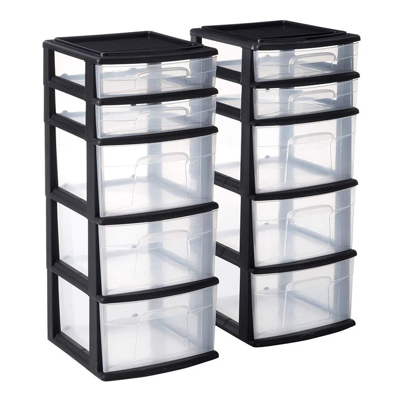 Homz Plastic 5 Clear Drawer Medium Home Organization Storage Container Tower with 3 Large Drawers and 2 Small Drawers, Black Frame, 2 Pack, 1 of 8