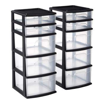 Homz Plastic 5 Clear Drawer Medium Home Organization Storage Container Tower with 3 Large Drawers and 2 Small Drawers, Black Frame, 2 Pack