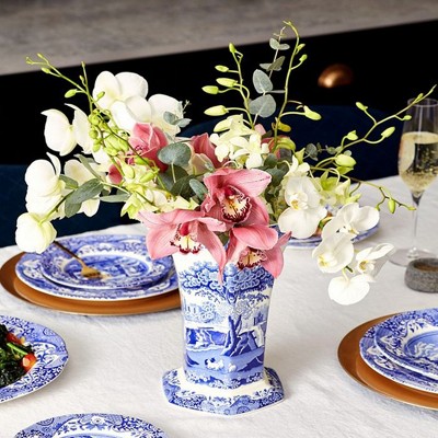 Hexagonal Blue Italian Porcelain Table Vase, 10" Geometric Design