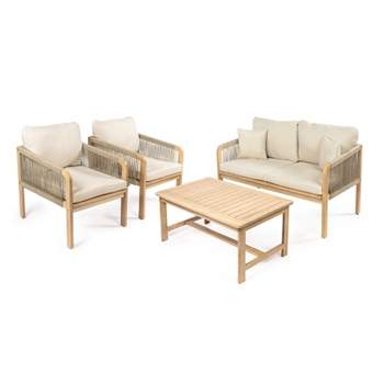 Tavira 4-Piece Modern Bohemian Acacia Wood Outdoor Patio Set with Cushions and Plain Decorative Pillows - JONATHAN Y