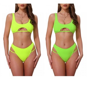 INSPIRE CHIC Women's Ribbed Scoop Neck Top Triangle Bottom Swimwear Bikini Suits 2 Sets - 1 of 4