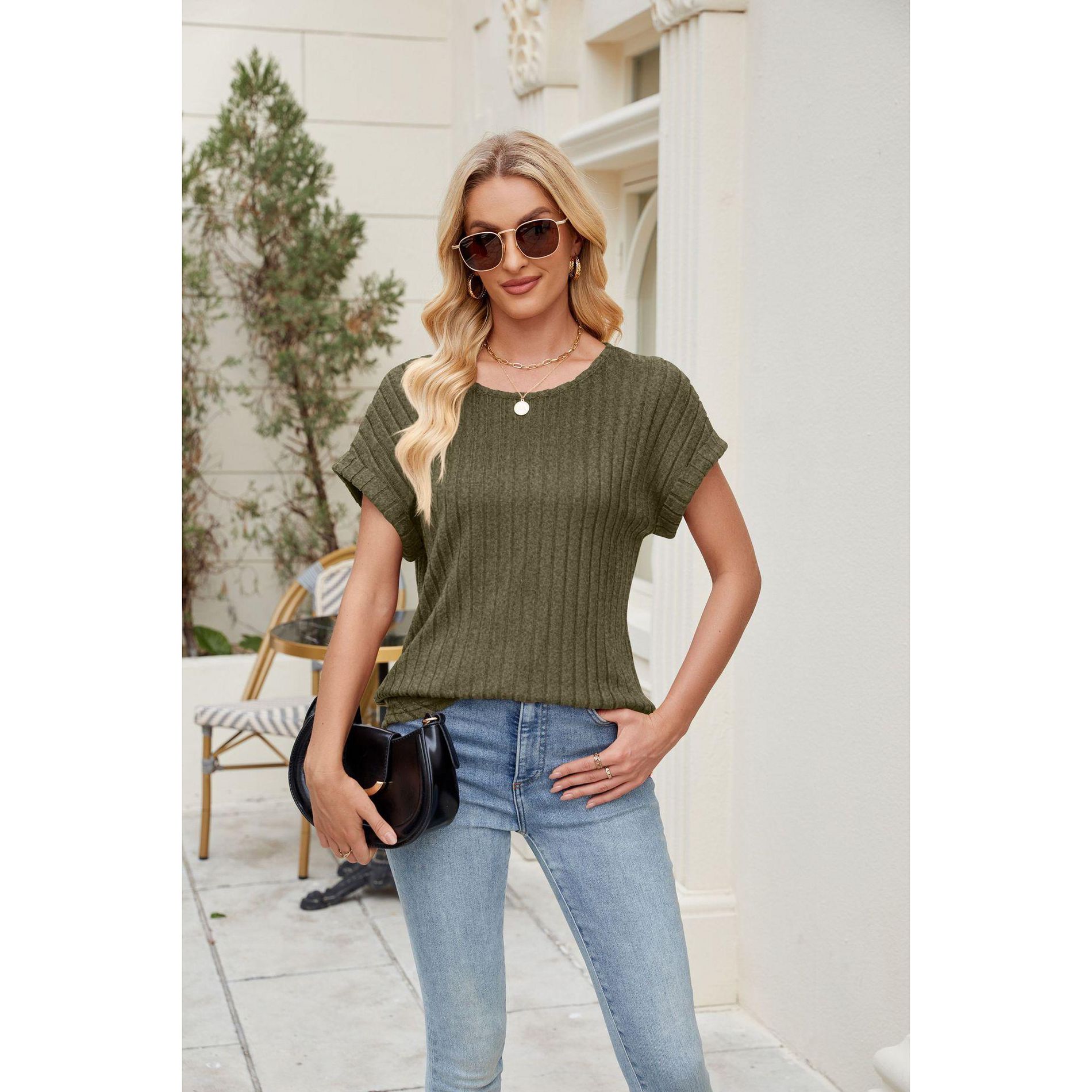 Coolmee Womens Summer Casual T Shirt Tops Sweater Knit Dressy Short Sleeve Crewneck Stripe Shirts Business Blouses