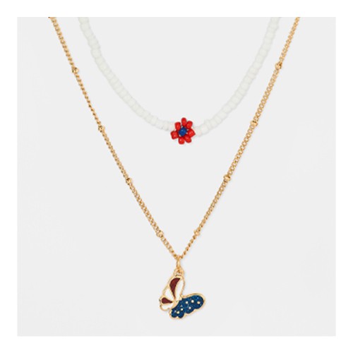 Americana Butterfly and Flower Seedbead Chain Necklace - Metallic Gold