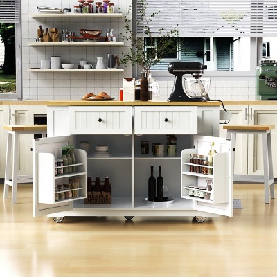 VYNXARIA K&K 48" Kitchen Island with Drop Leaf, Power Outlet & Rolling Storage Cart