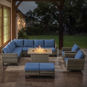 POCASSY 8 Piece Outdoor Sectional Patio Furniture Set, All Weather Gray Wicker Outdoor Furniture Set with Swivel Chair and 41" Propane Fire Pit - 1 of 4