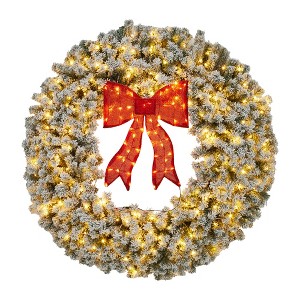 Pre-Lit Artificial Christmas Wreath with Bow, LED Lighted Holiday Wreath for Indoor Outdoor, Winter Front Door Xmas Decoration - 1 of 4