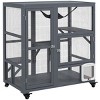 39" Indoor Wooden Cat House on Wheels,Multi Level Enclosure with Hammock,Platforms and Cat Flap - LAOTIES - 3 of 4